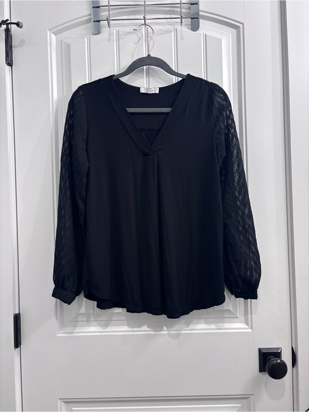 Beacon Black V-Neck Blouse with Lace Long Sleeves